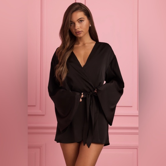 Oh Polly Reina Satin Robe Bling Black Super Sexy Silk Robe - Picture 2 of 6